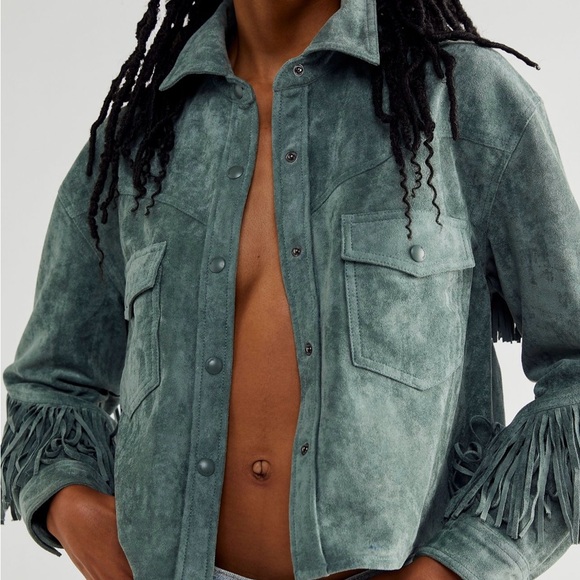 NWT Free People Twist and Shout Vegan Fringe Jacket Sz Large Olive Branch - Picture 7 of 7